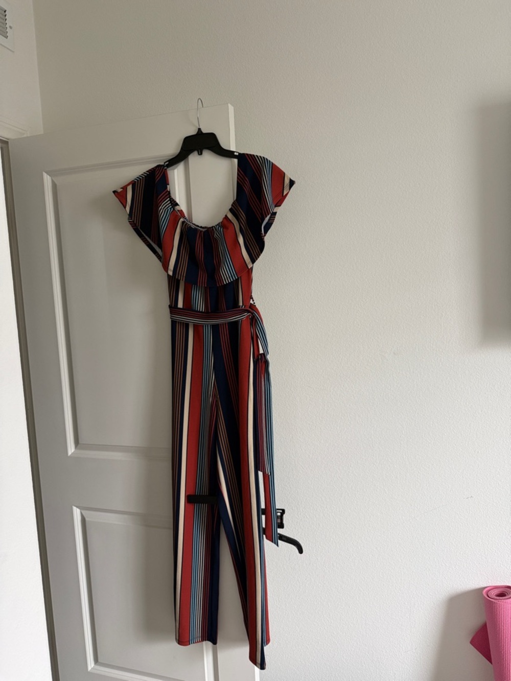 Almost Famous Red, Blue & White Striped Off-Shoulder Jumpsuit